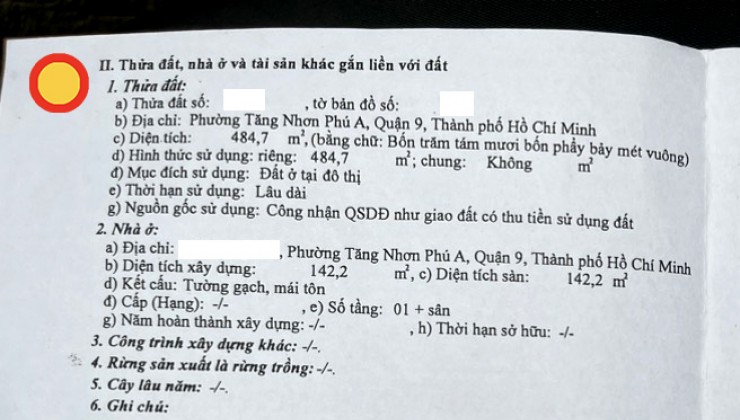 Bán đất tặng biệt thự mặt tiền kinh doanh đường Lê Văn Việt, Quận 9, Giá 50tr/m2, DT: 485m2, ngang 20m.